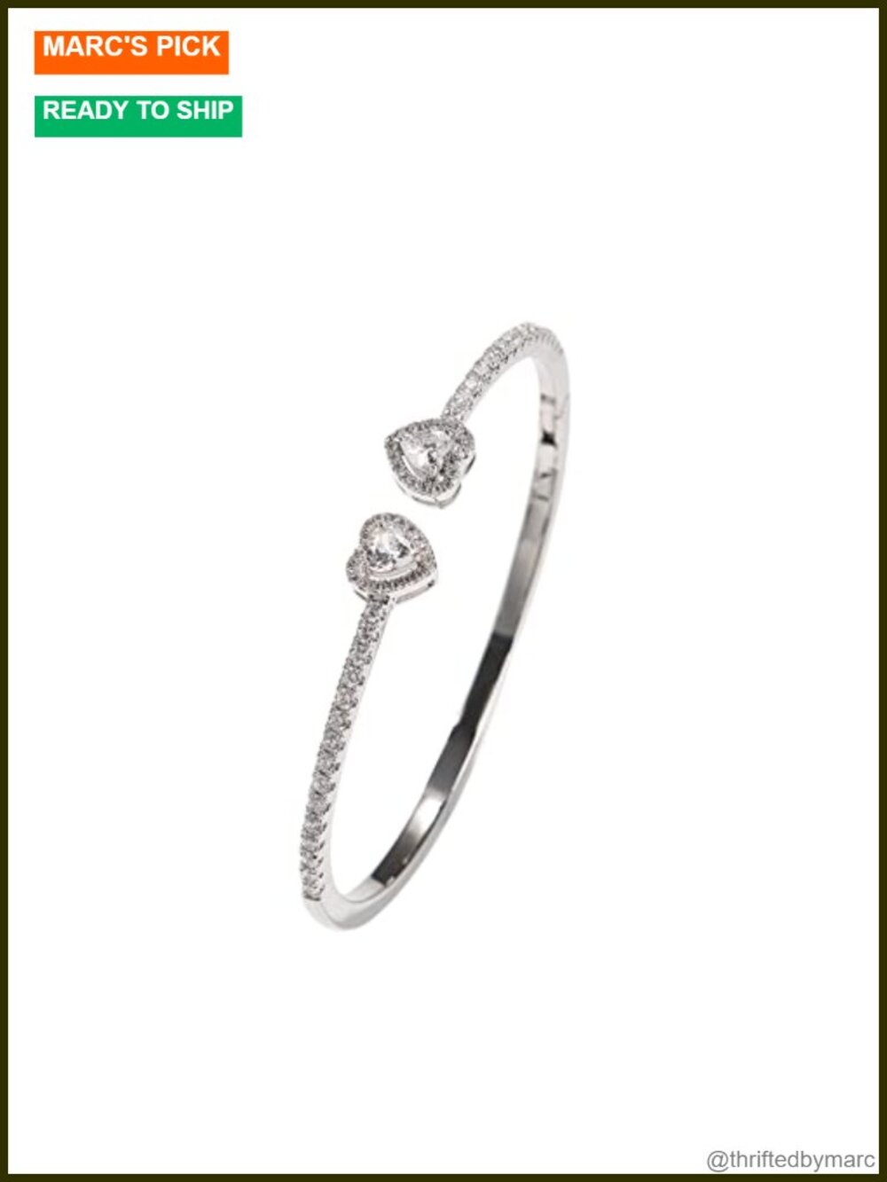 18K White Gold Plated Cubic Zirconia Heart Open Cuff Bangle Bracelet